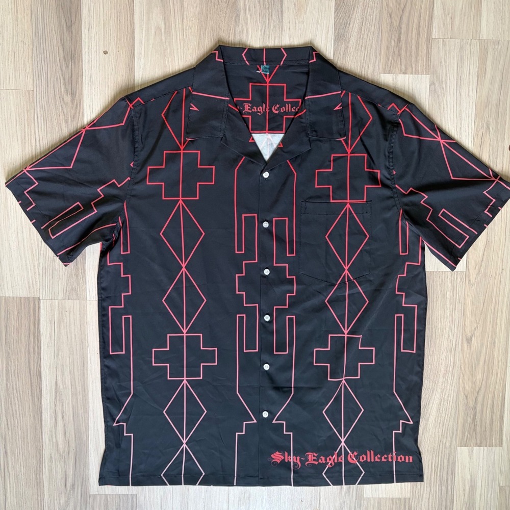 Sky-Eagle Collection Mens XL Black Red Geometric Tribal Camp Shirt Short Sleeve